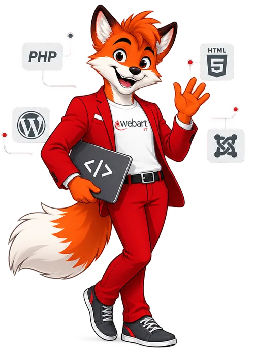 Art Fox, das webart-IT Maskottchen, als Webentwickler mit Laptop und Symbolen für Joomla, WordPress, PHP und HTML.