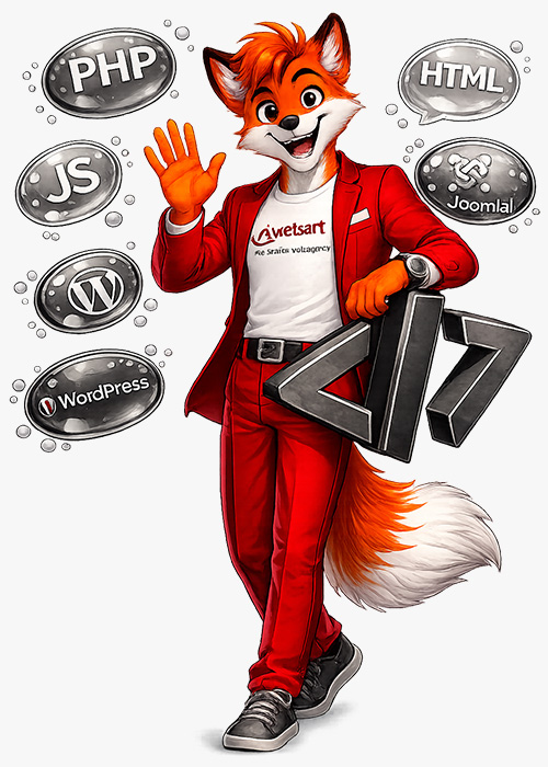 Das Bild zeigt Art Fox - das Maskottchen der webart-IT. Es ist ein Fuchs im roten Anzug umgeben von Blasen mit Wörtern aus der Programmierung. Der Fuchs grüsst den Besucher durch winken mit der rechten Hand.