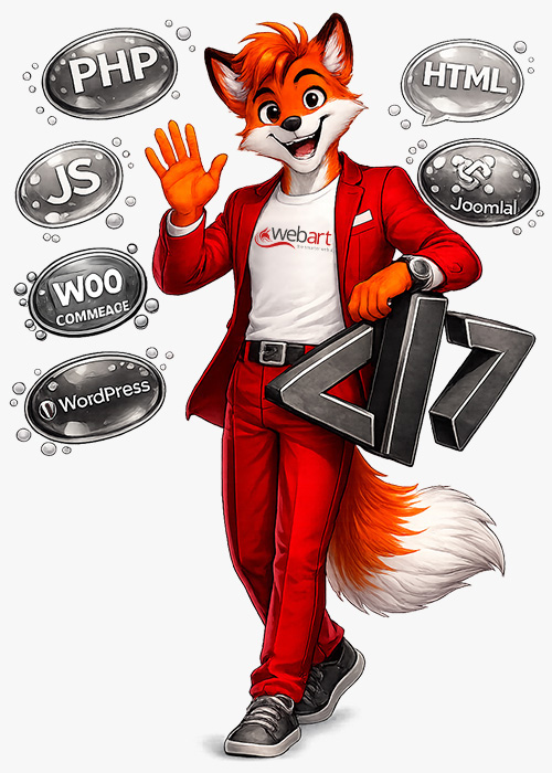 Das Bild zeigt Art Fox - das Maskottchen der webart-IT. Es ist ein Fuchs im roten Anzug umgeben von Blasen mit Wörtern aus der Programmierung. Der Fuchs grüsst den Besucher durch winken mit der rechten Hand.