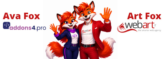 Das Bild zeigt links die Füchsin Ava Fox, die das addons4.pro Logo auf dem weißen T-shirt hat. Sie ist die Markenboschafterin von addons4.pro. Auf der rechten Seite steht ein männlicher Fuchs namens Art Fox, der Markenbotschafter der webart-IT ist und das Logo der Firma auf dem weißen T-Shirt hat.
