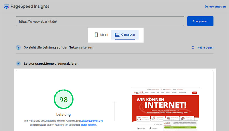 Google PageSpeed Insights Ergebnis