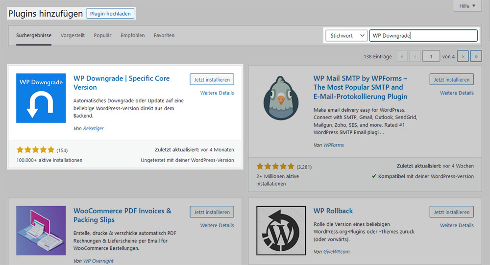 WP Downgrade Plugin installieren