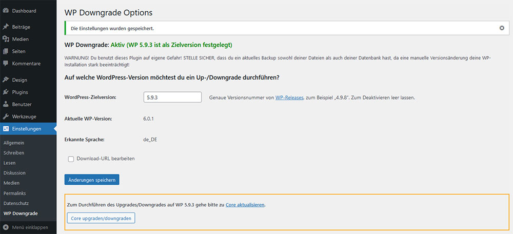 WP Downgrade Options nach speichern